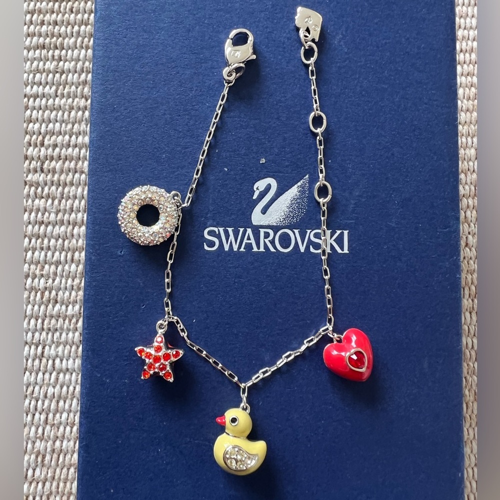 Swarovski Multi Charm Bracelet w Rubber Duck Heart Star Beach Crystals RARE - Picture 1 of 7